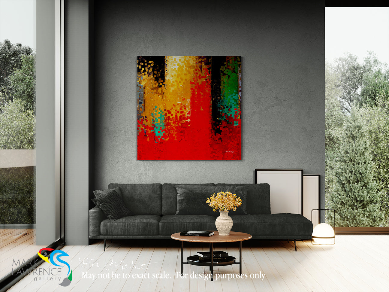 Living room with a gray sofa, abstract painting, and decorative elements.