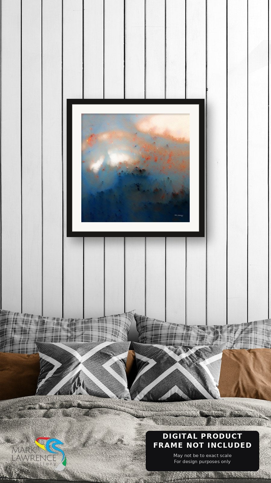 Never Lose Hope in Hard Times Jeremiah 29:11 printable art above a bed with cushions, white, blue and orange abstract scripture print