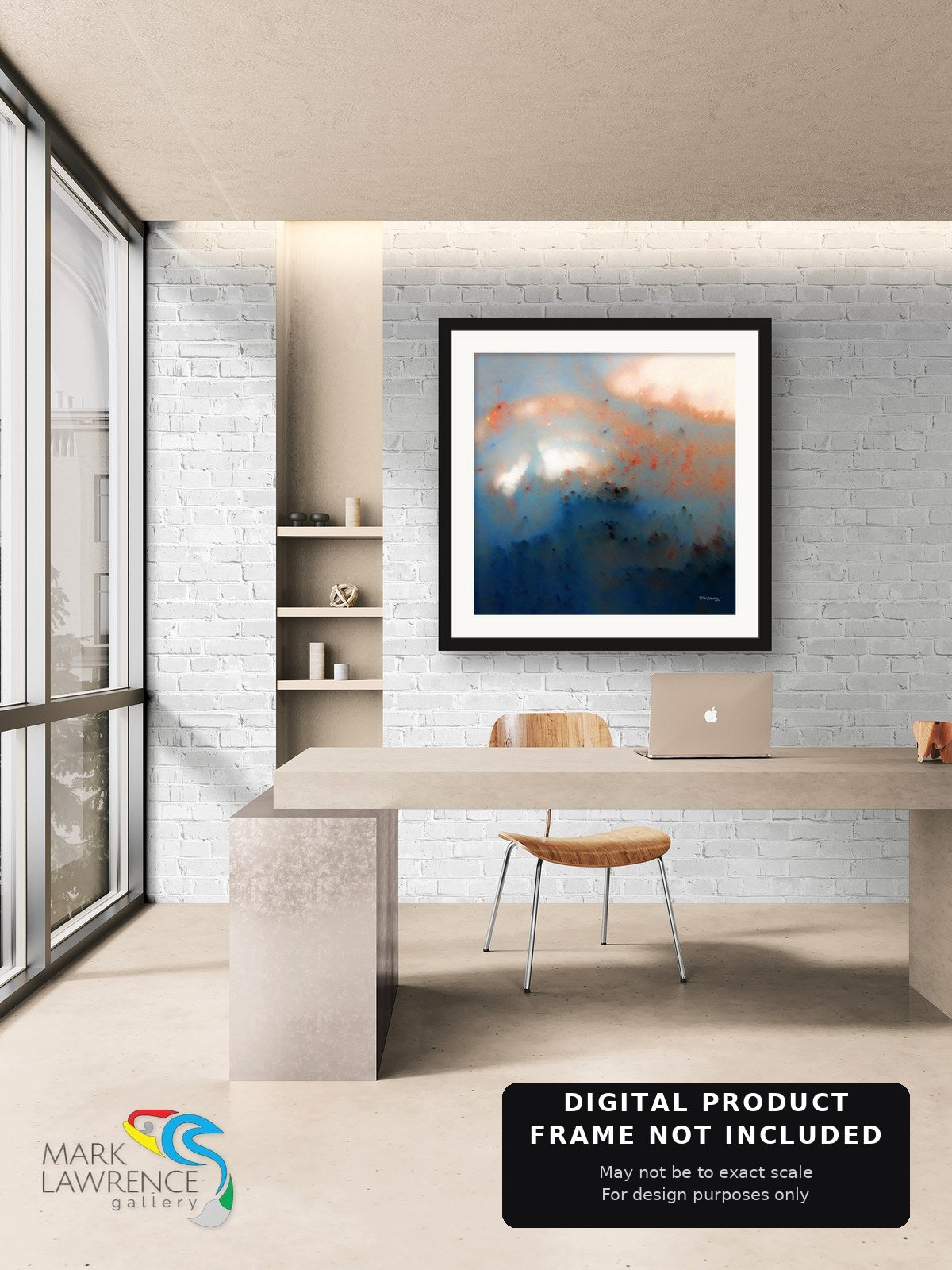 Jeremiah 29:11 Christian wall art in a modern brick office with window views, white, blue and orange abstract painting by Mark Lawrence