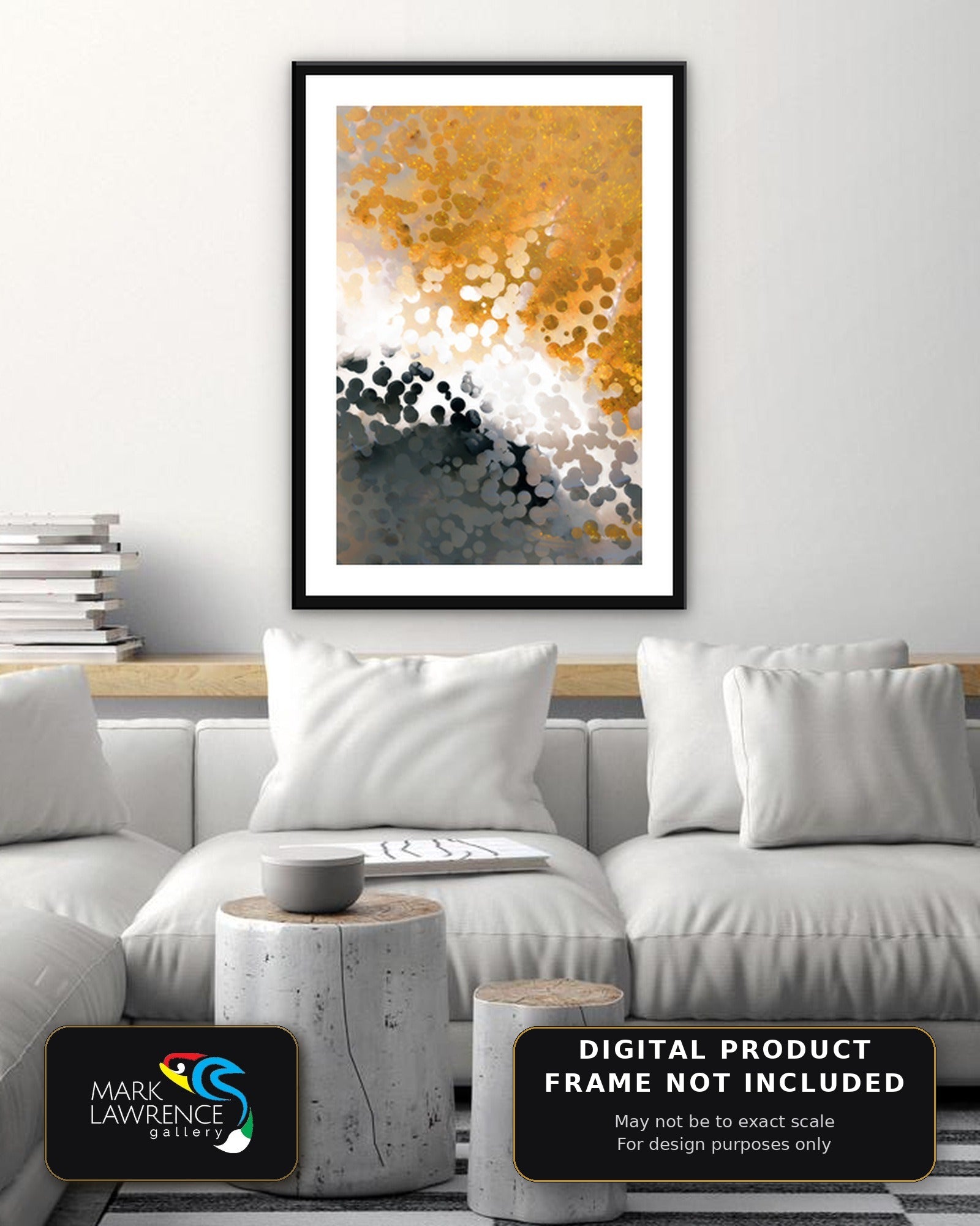 Philippians 4:13 wall art framed above a sofa, gold and charcoal abstract scripture print