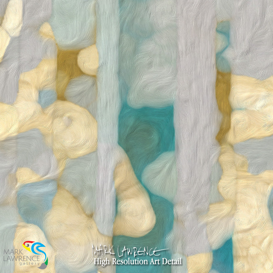 Abstract art with textured brush strokes in beige, blue, and gray.