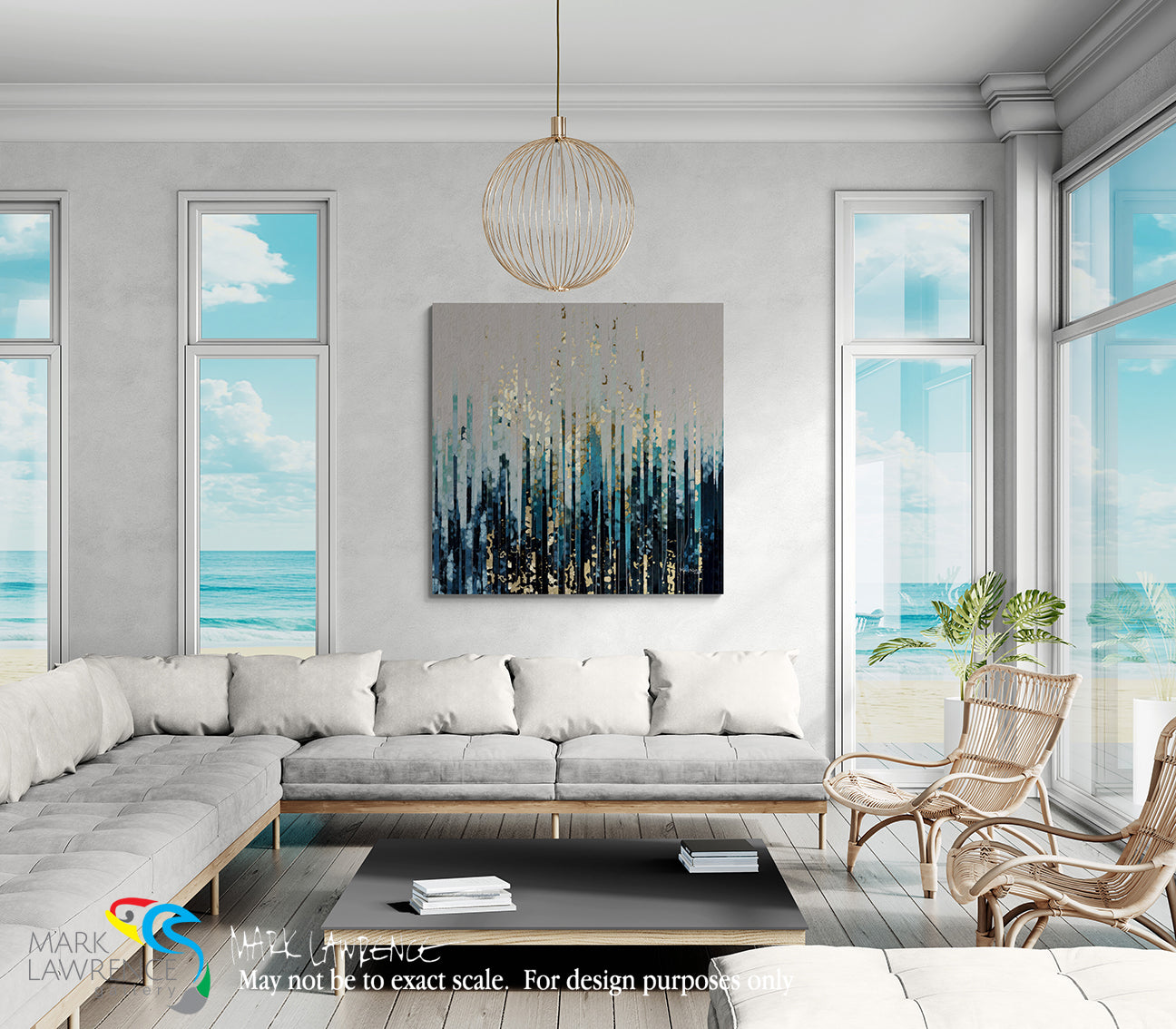Modern living room with a large abstract painting on the wall, light gray sofa, and decorative chairs.
