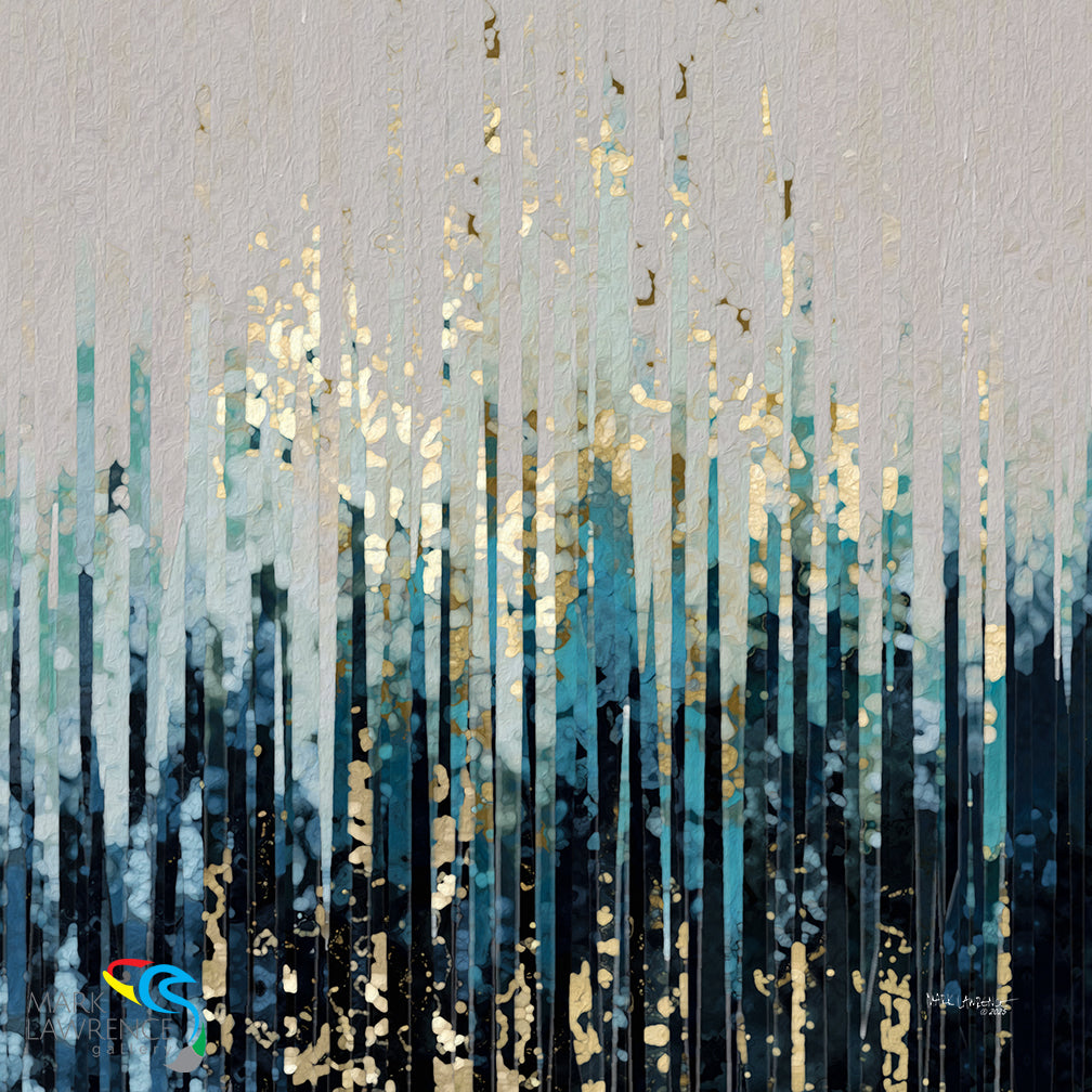 Abstract art with vertical brush strokes in blue, gold, and black on a textured background