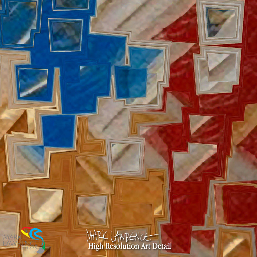 Colorful abstract pattern with geometric shapes and 'Mark Lawrence' signature.