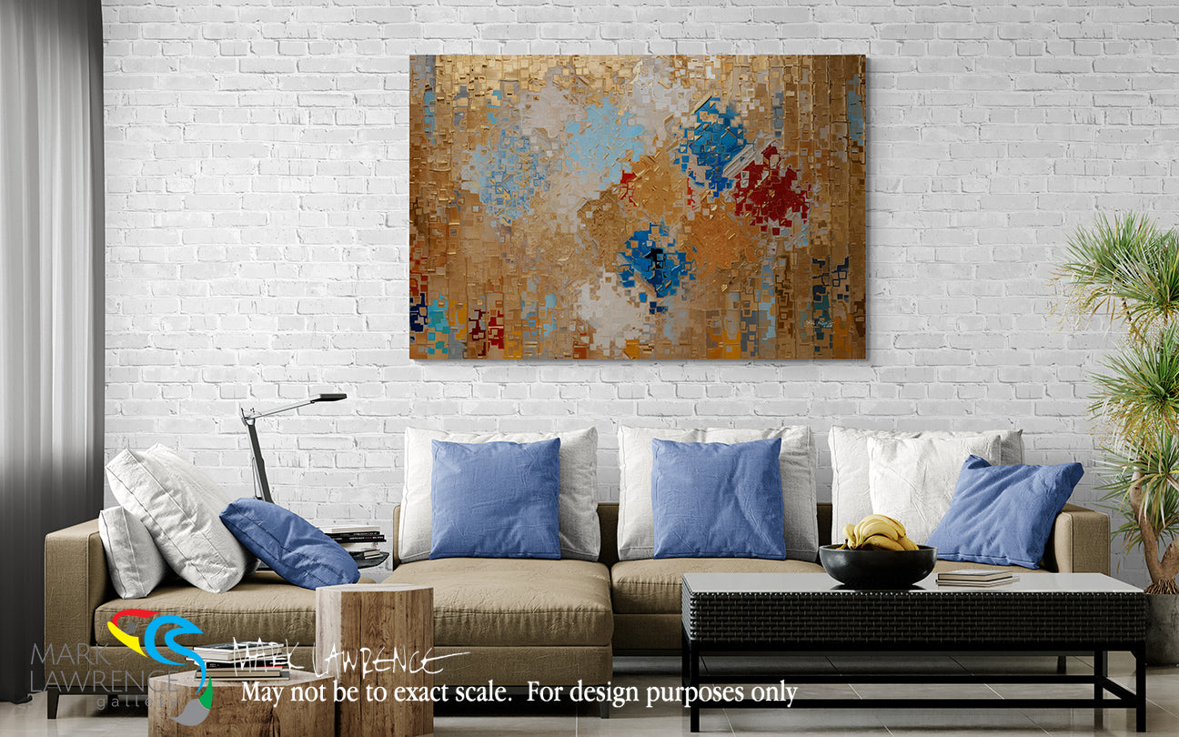 Living room with a sofa, decorative pillows, and a colorful abstract painting on the wall.