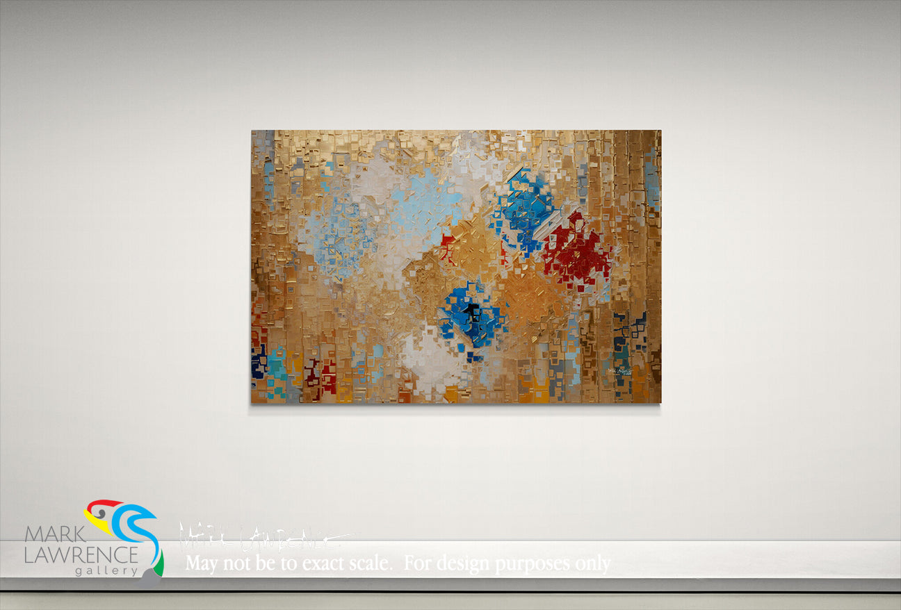 Abstract art piece with colorful splashes on a white wall, featuring the Mark Lawrence Gallery logo.