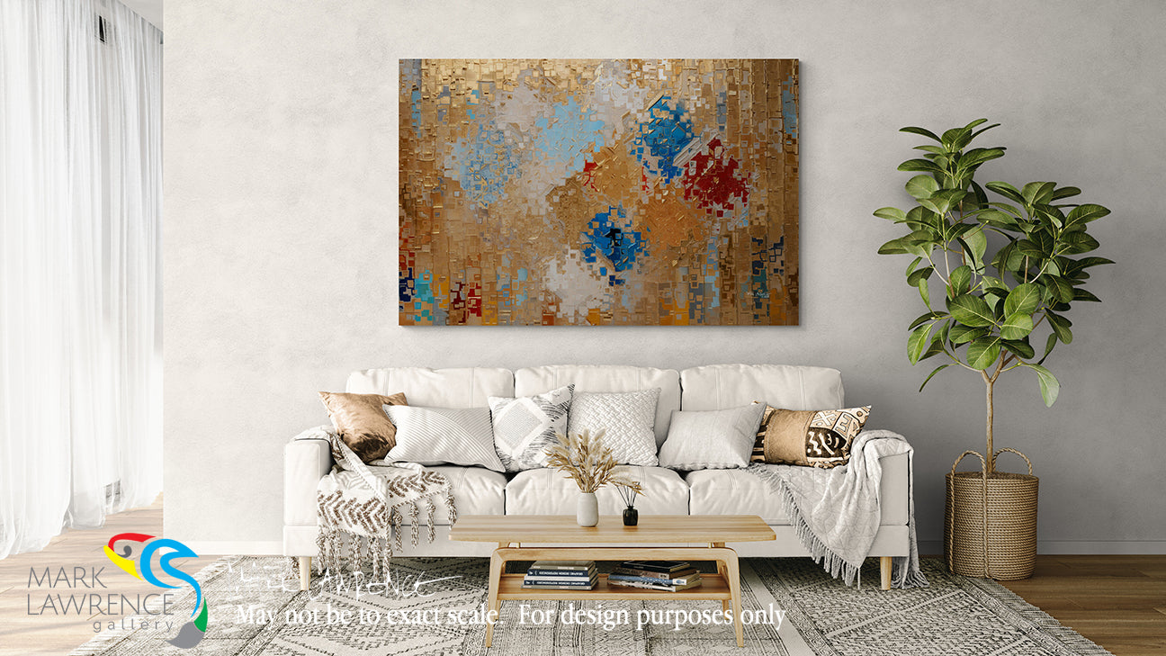 Living room with a white sofa, abstract painting, and plant