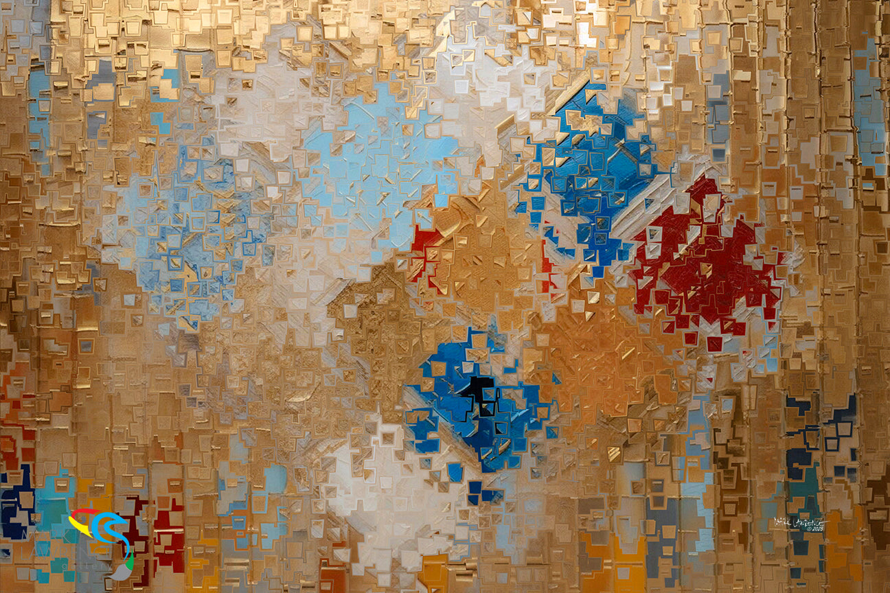Abstract art with geometric shapes in blue, red, and beige on a textured gold background