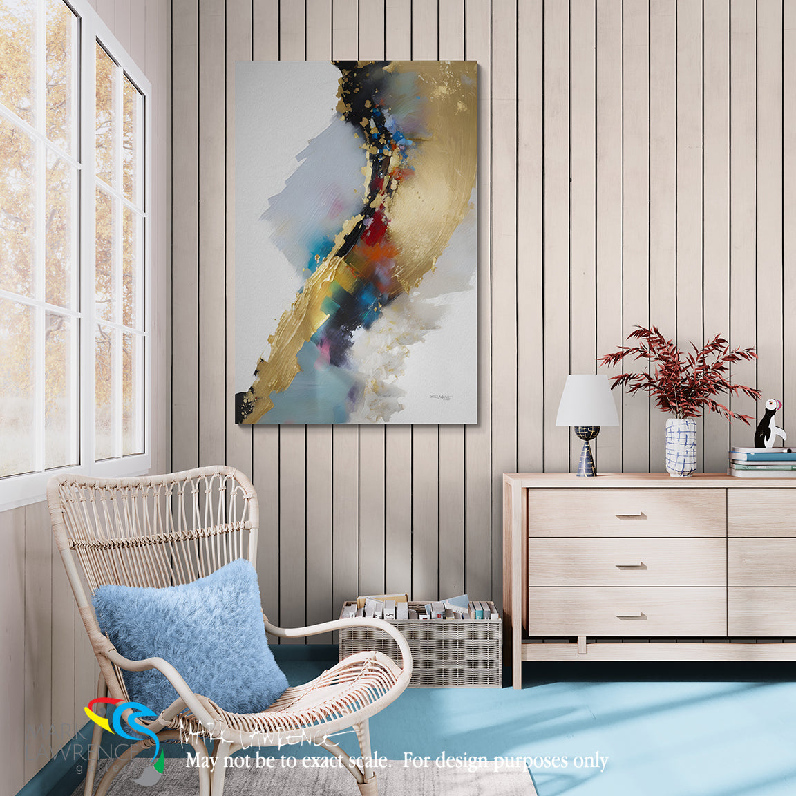 Modern interior with a wicker chair, abstract painting, and wooden dresser.