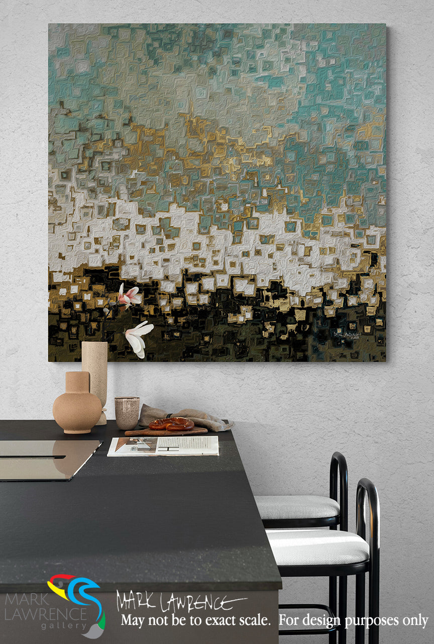 Abstract art painting on a wall above a dining table with decor items.