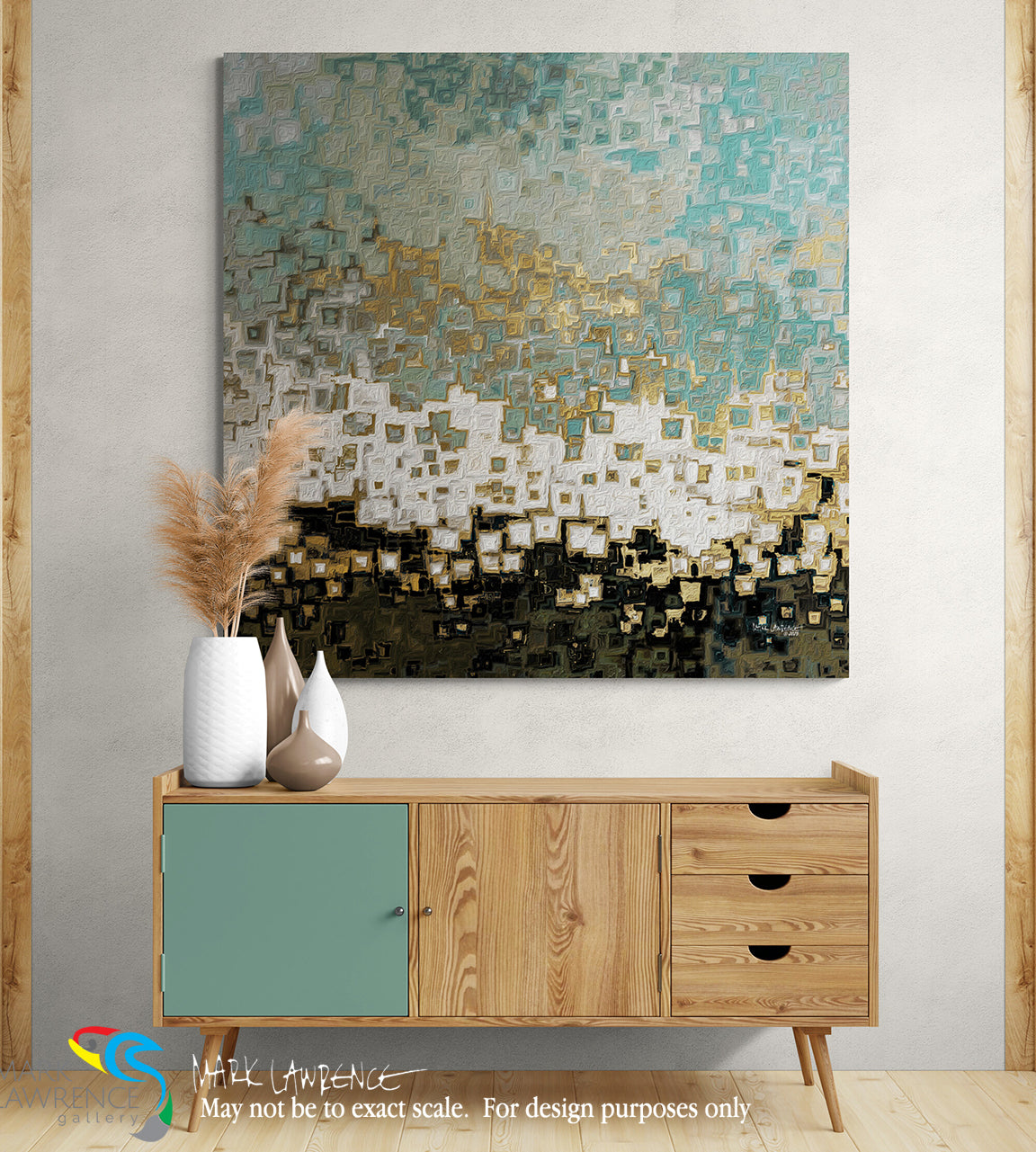 Abstract mosaic art piece on a wall above a wooden sideboard with green doors.