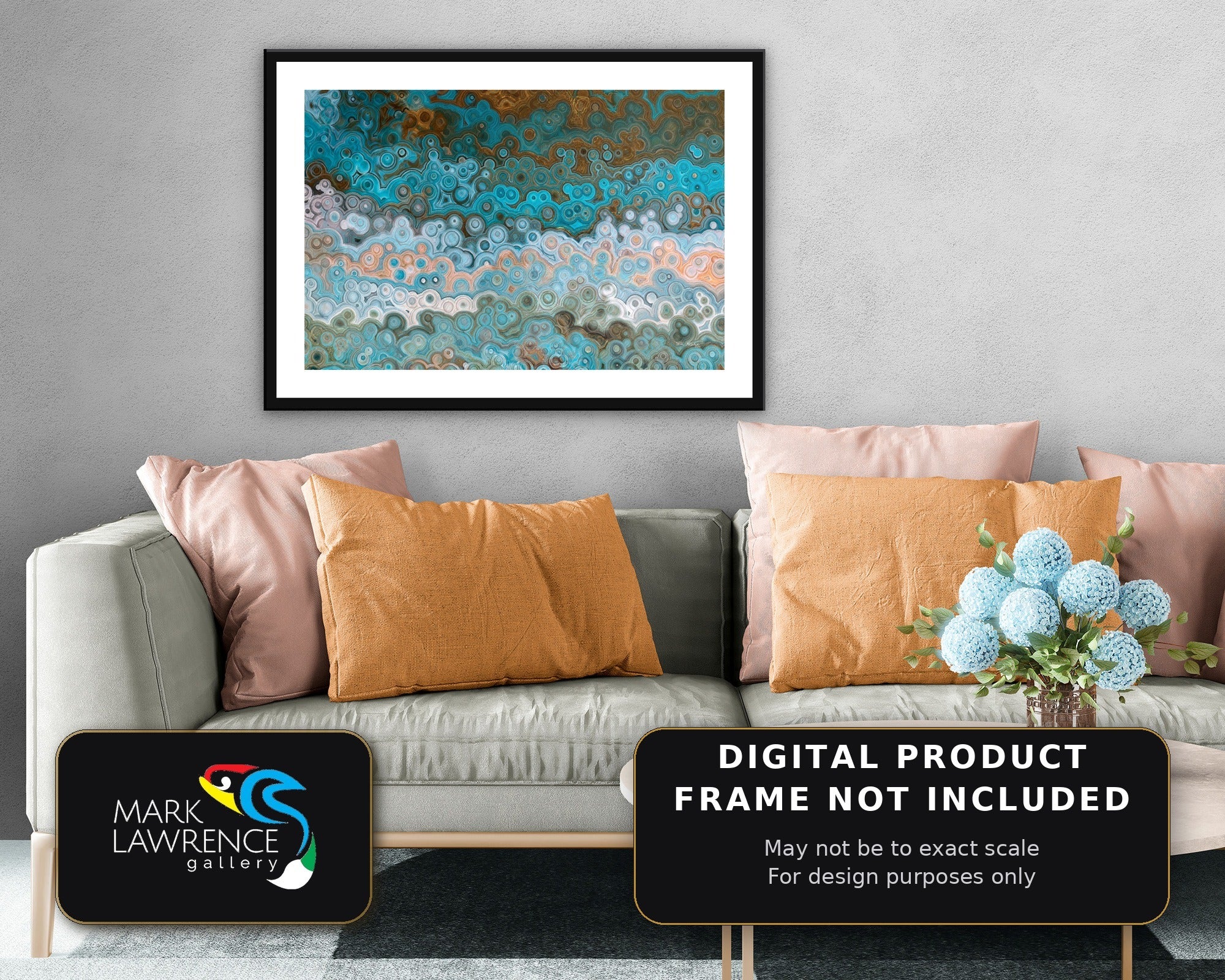 Romans 8:28 printable wall art above a sofa, teal and gold abstract scripture painting in a bright living room
