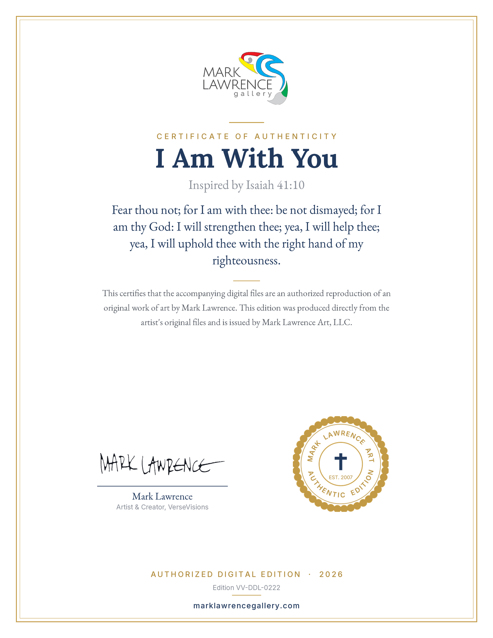 Certificate of Authenticity for artwork inspired by Isaiah 41:10, featuring Mark Lawrence Gallery branding.