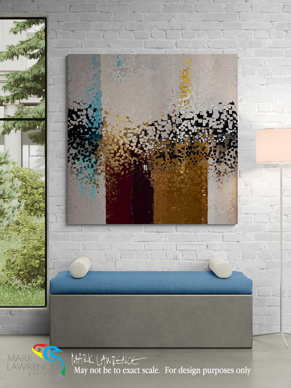 Modern interior design with abstract painting, bench, and lamp against a white brick wall.