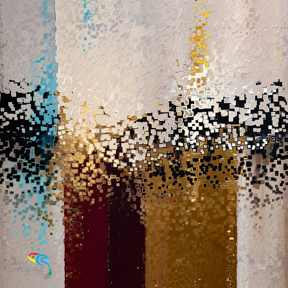 Abstract art with geometric patterns in black, white, gold, and blue on a textured background.