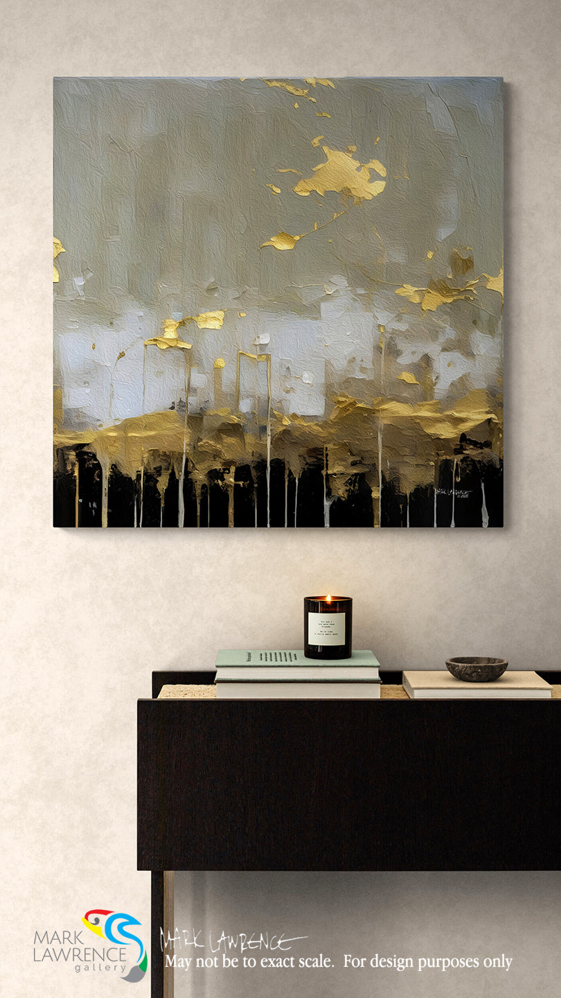 Abstract art piece with gold and black elements on a wall above a console table.