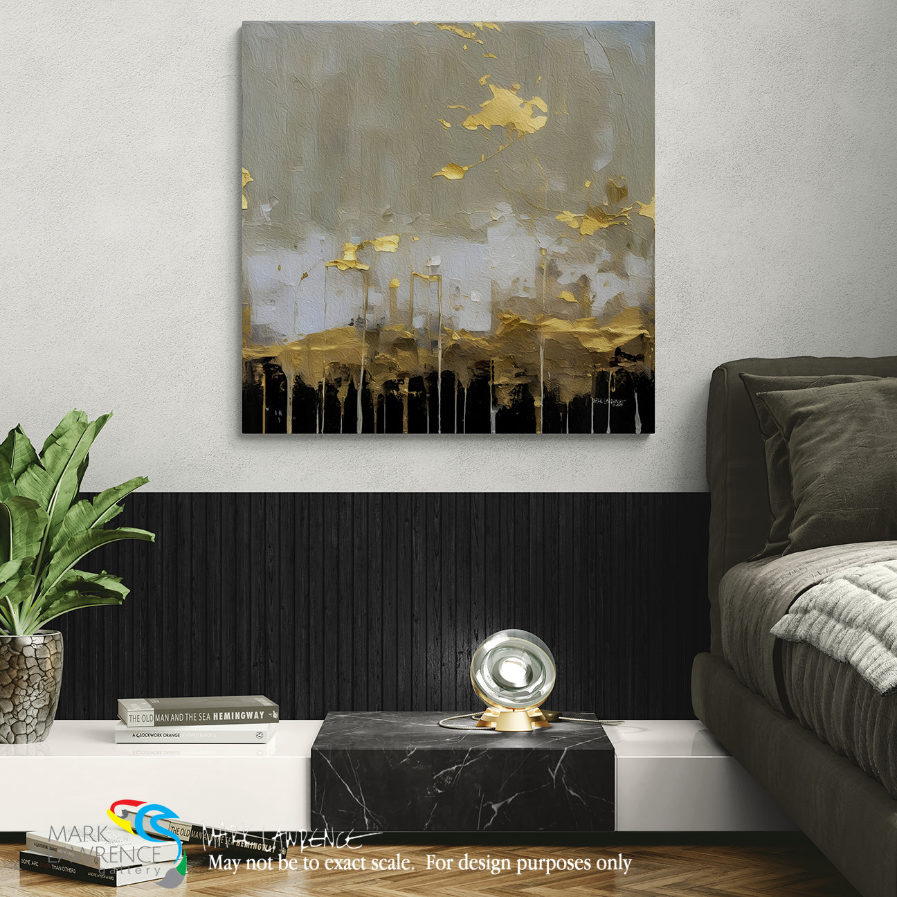 Abstract art piece with gold accents on a wall above a sofa in a living room.