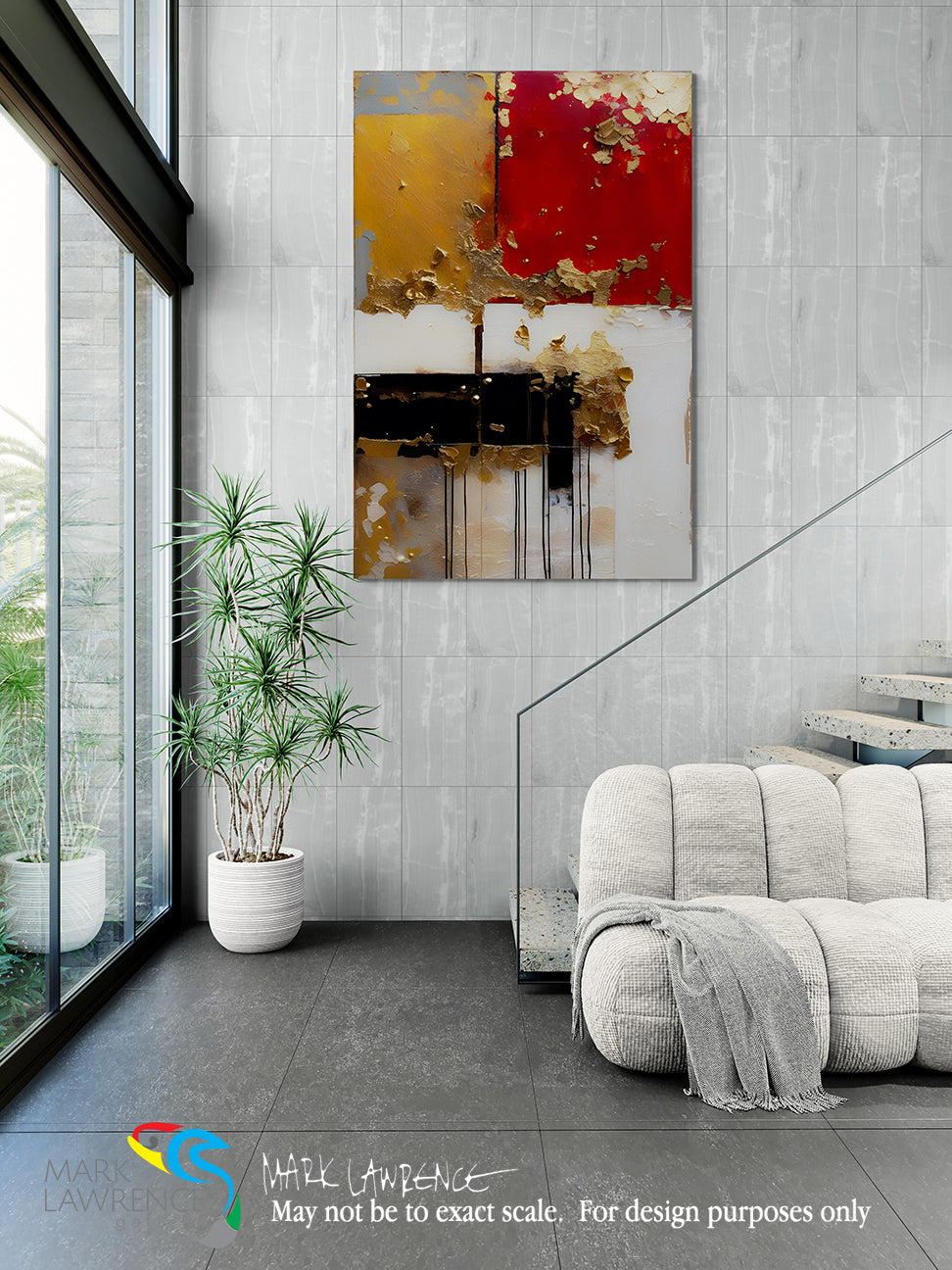 Modern interior with abstract art on the wall, plant, and sofa.