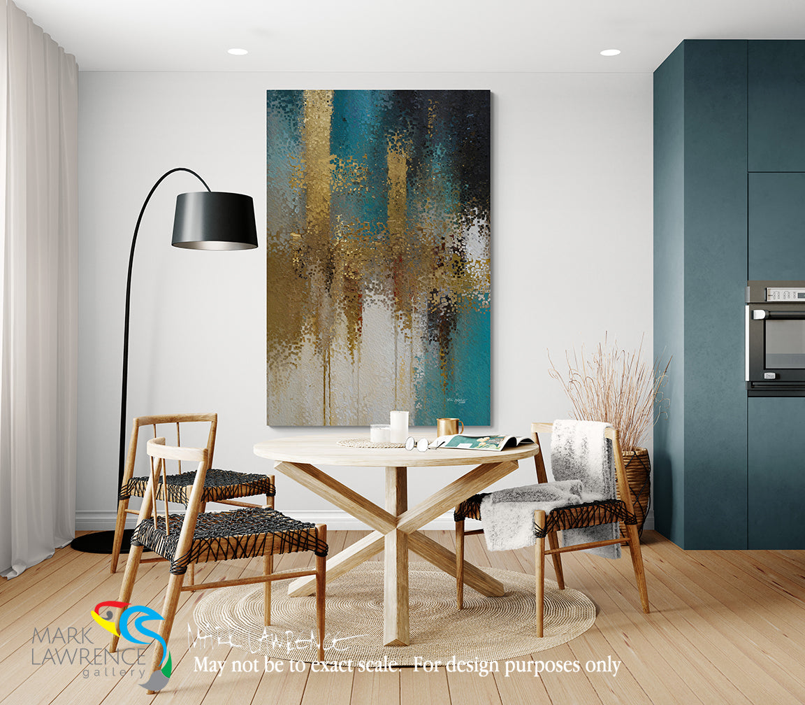 Modern dining room with wooden table and chairs, abstract painting on the wall, and kitchen area.