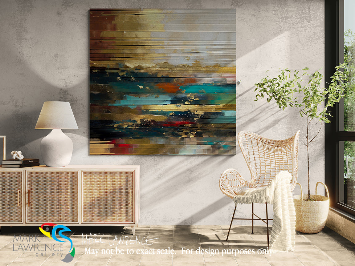 Modern interior with abstract painting, wicker chair, and decorative items.