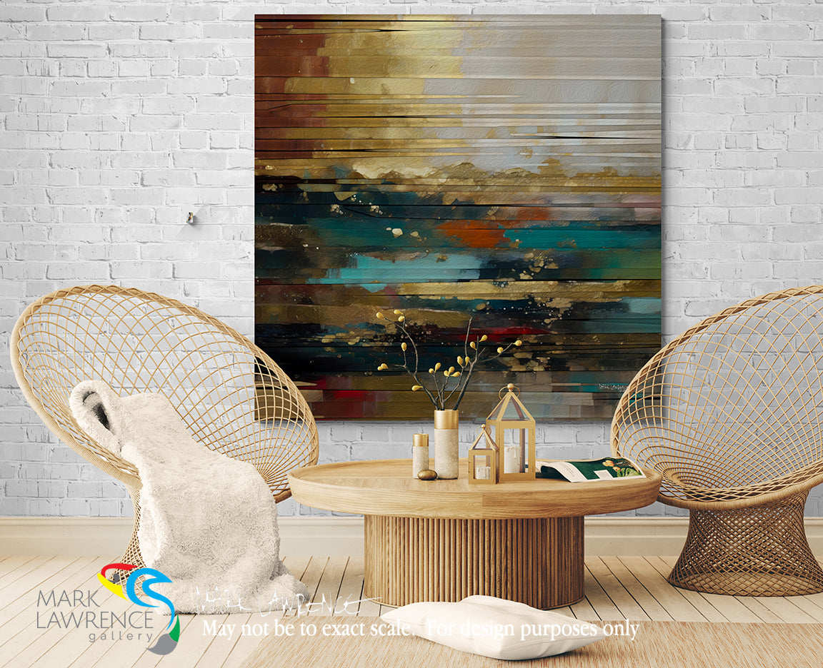 Modern interior with two wicker chairs, a wooden table, and a large abstract painting on a white brick wall.