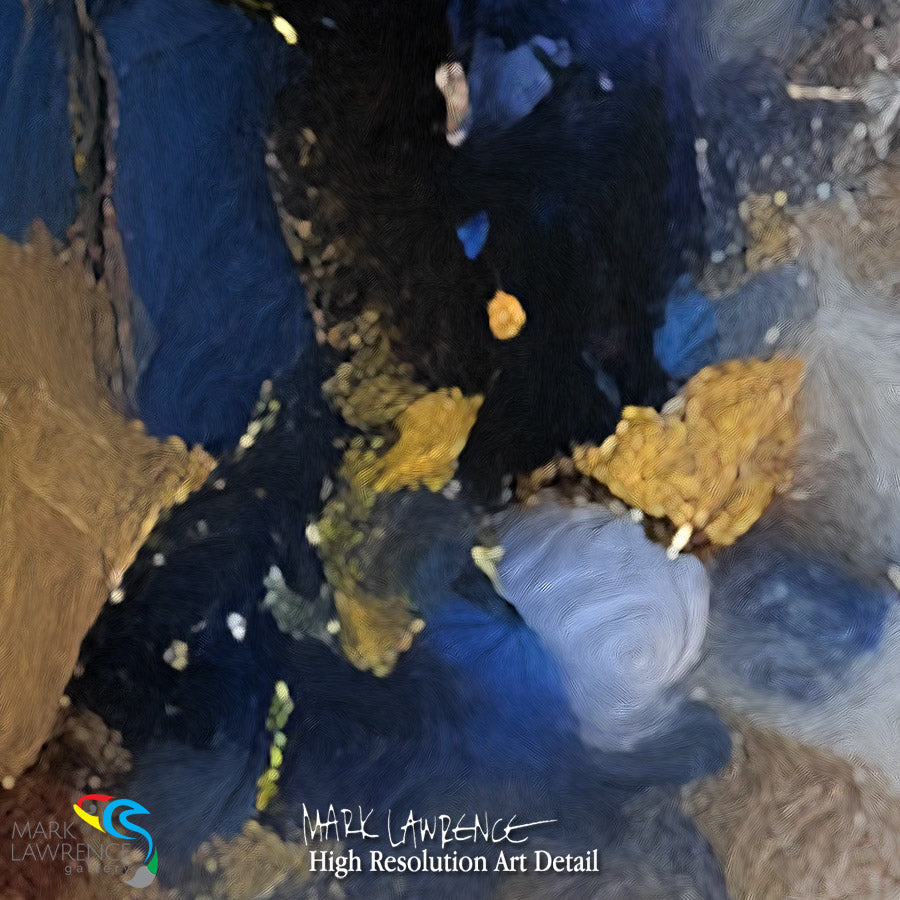 Close-up of textured art with blue, yellow, and gray colors
