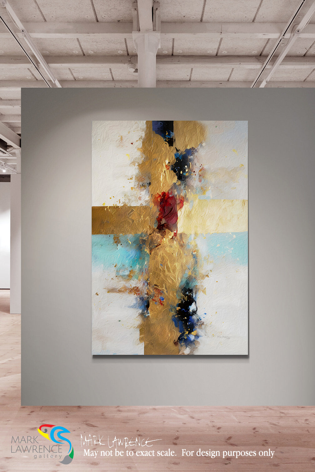 Abstract painting on a gray wall with 'Mark Lawrence' logo at the bottom.
