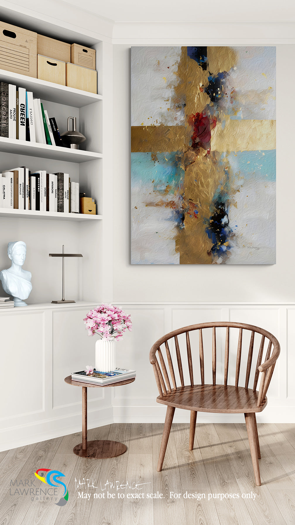 Modern interior with abstract painting, wooden chair, and bookshelf.