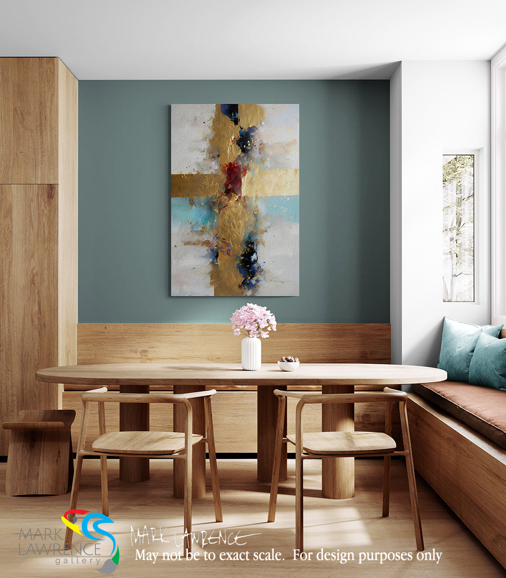 Modern dining room with wooden furniture, abstract painting, and a window.