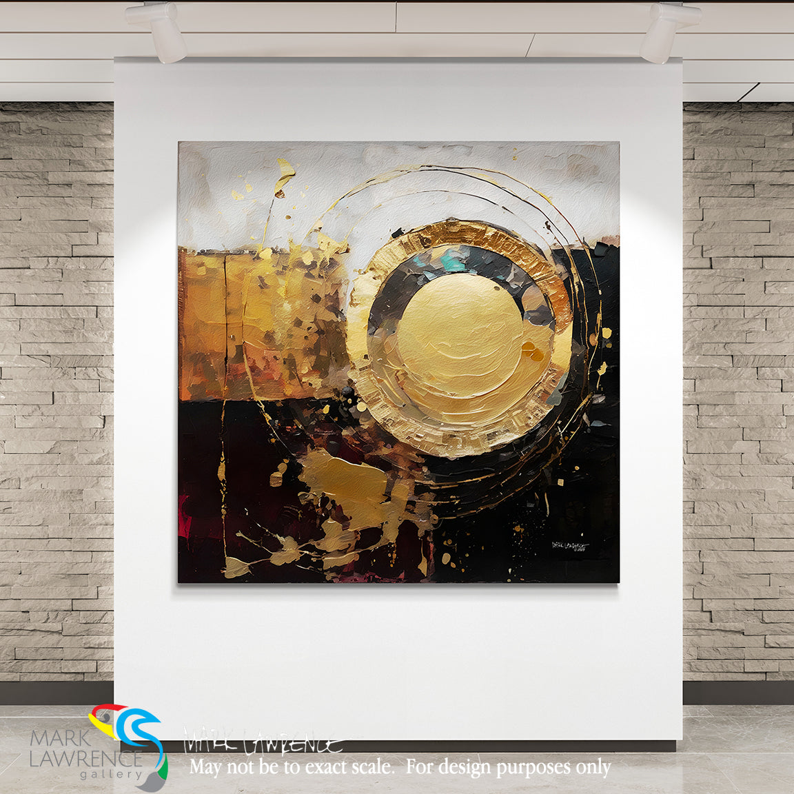 Abstract art painting with gold and black design on a white wall.