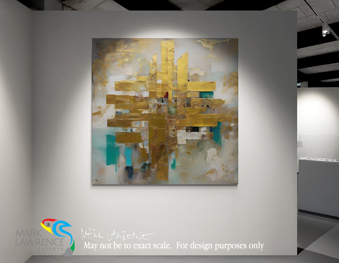 Abstract painting on a wall with a visible brand logo at the bottom.