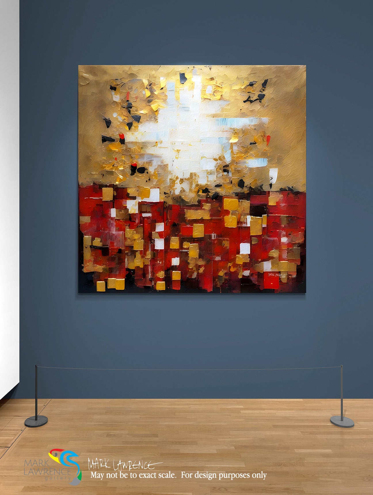 Abstract painting on a blue wall with wooden floor