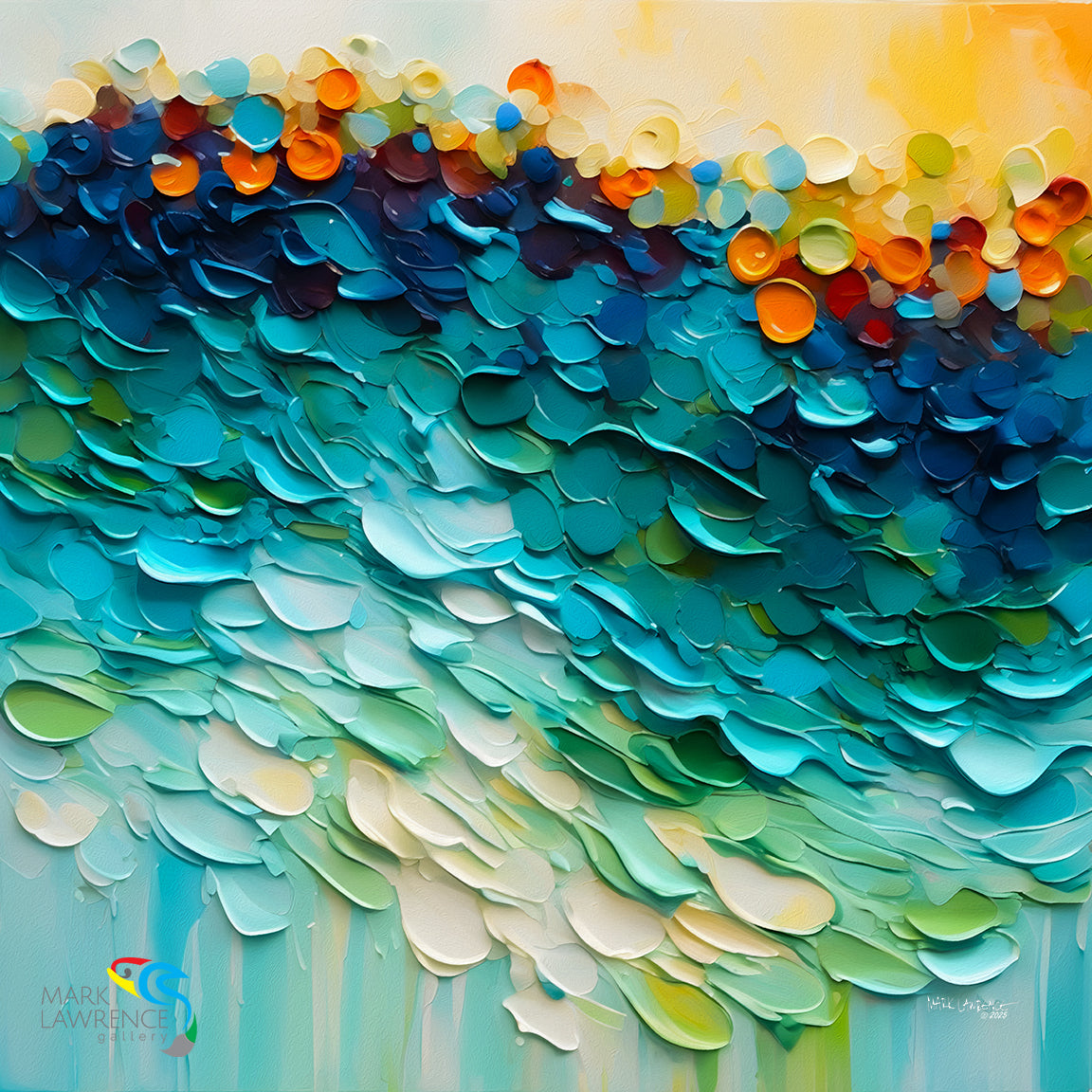 Colorful abstract painting of a wave with a signature at the bottom right corner.