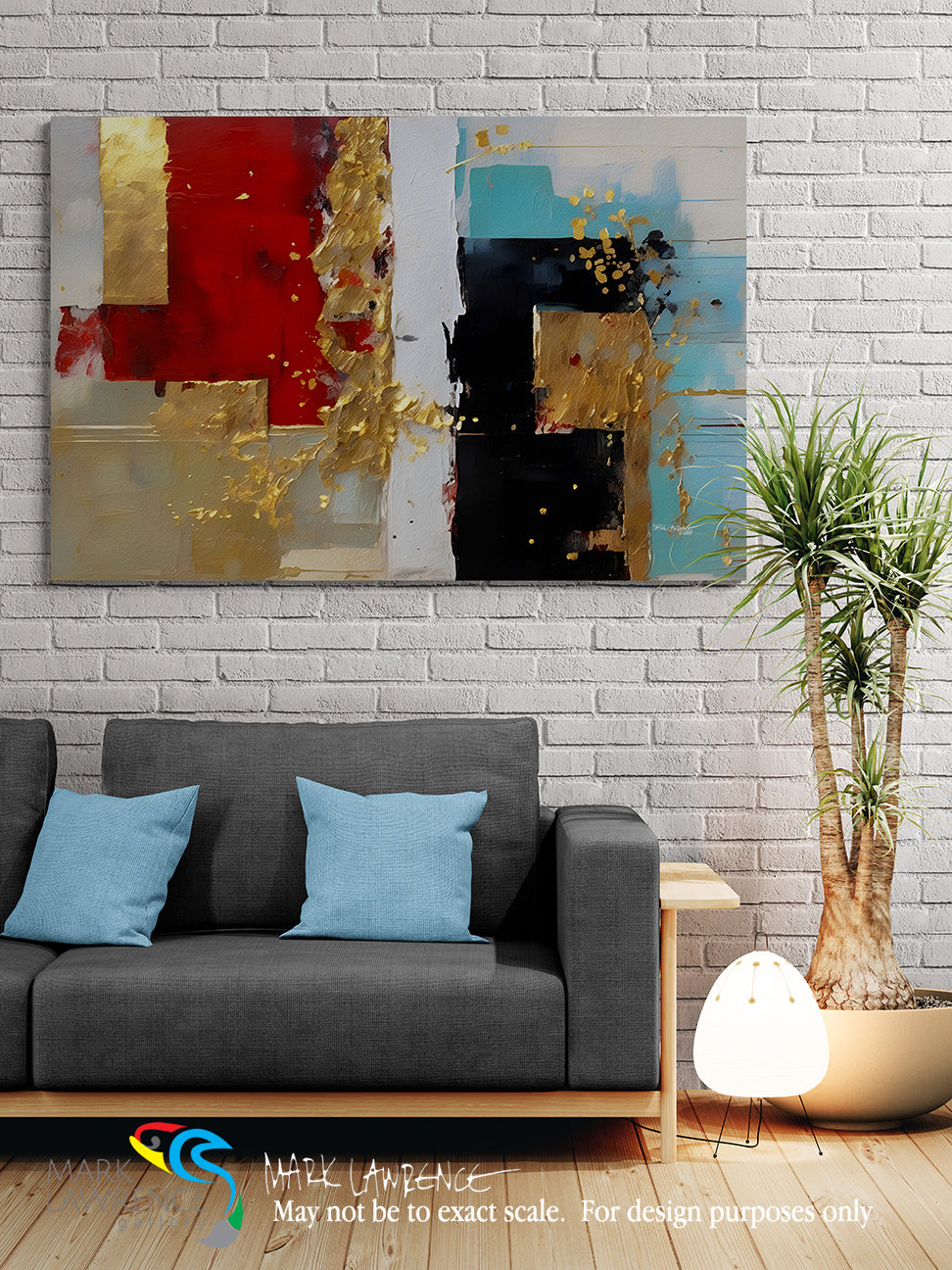 Abstract art on a wall above a gray sofa with blue cushions in a living room setting.