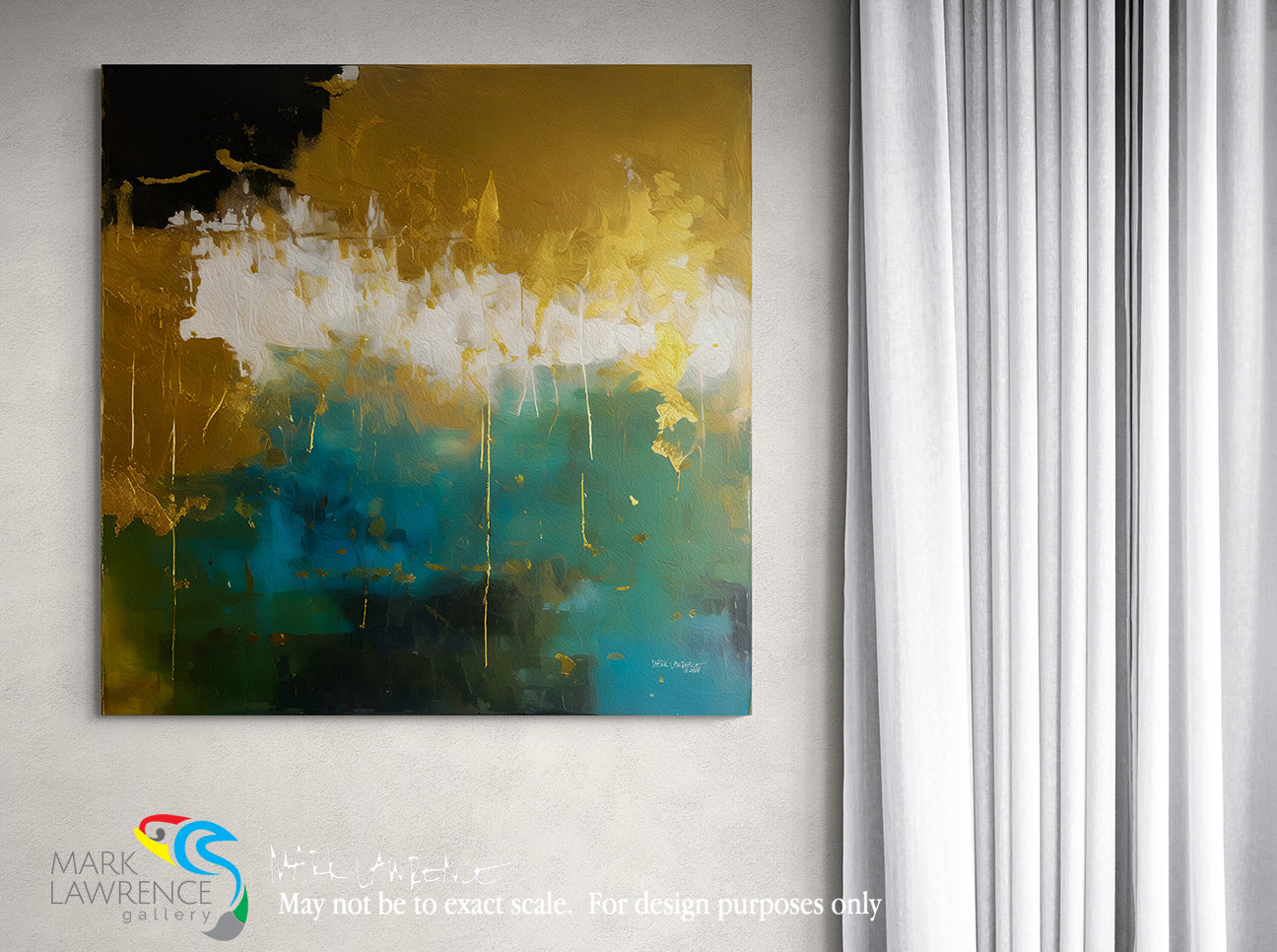 Abstract painting with gold, blue, and black colors on a white wall.