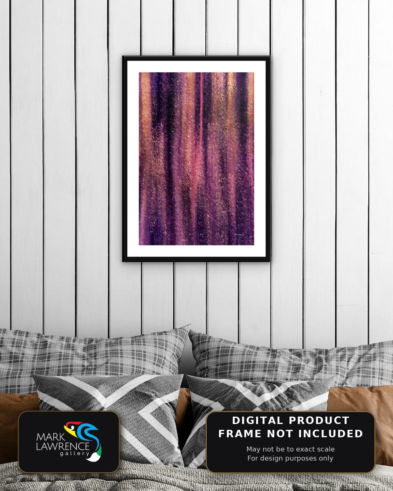 John 3:16 scripture wall art above a sofa, abstract painting in red, purple, gold and pink by Mark Lawrence