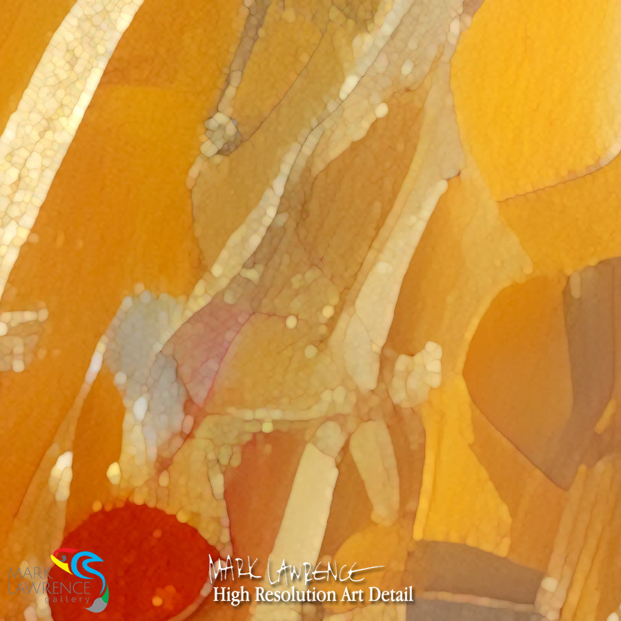 Abstract art with warm colors and a signature in the corner