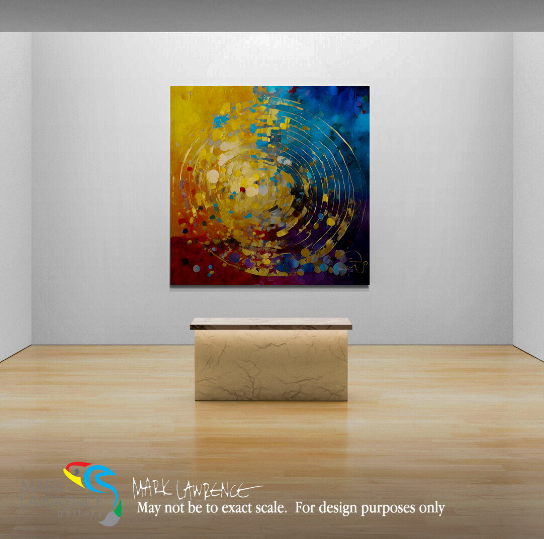 Abstract painting on a wall above a wooden desk with a brand logo in the corner.