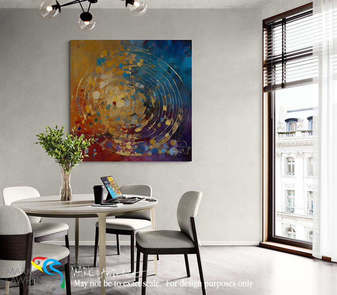 Modern dining room with a colorful abstract painting on the wall.