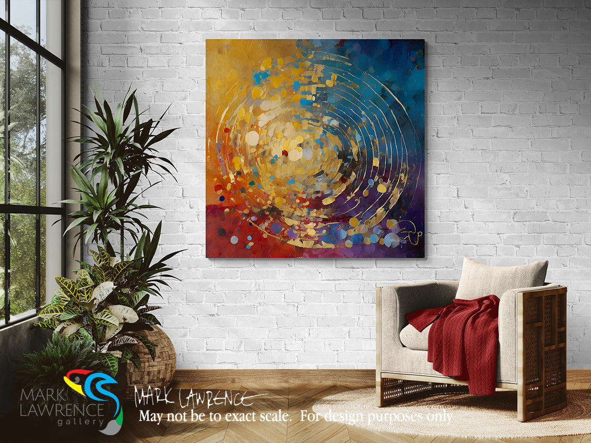 Colorful abstract painting on a white brick wall above a chair with a red blanket.
