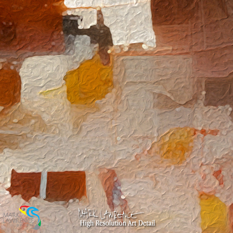 Abstract art with textured surface and visible brush strokes, featuring colors like brown, orange, and beige.