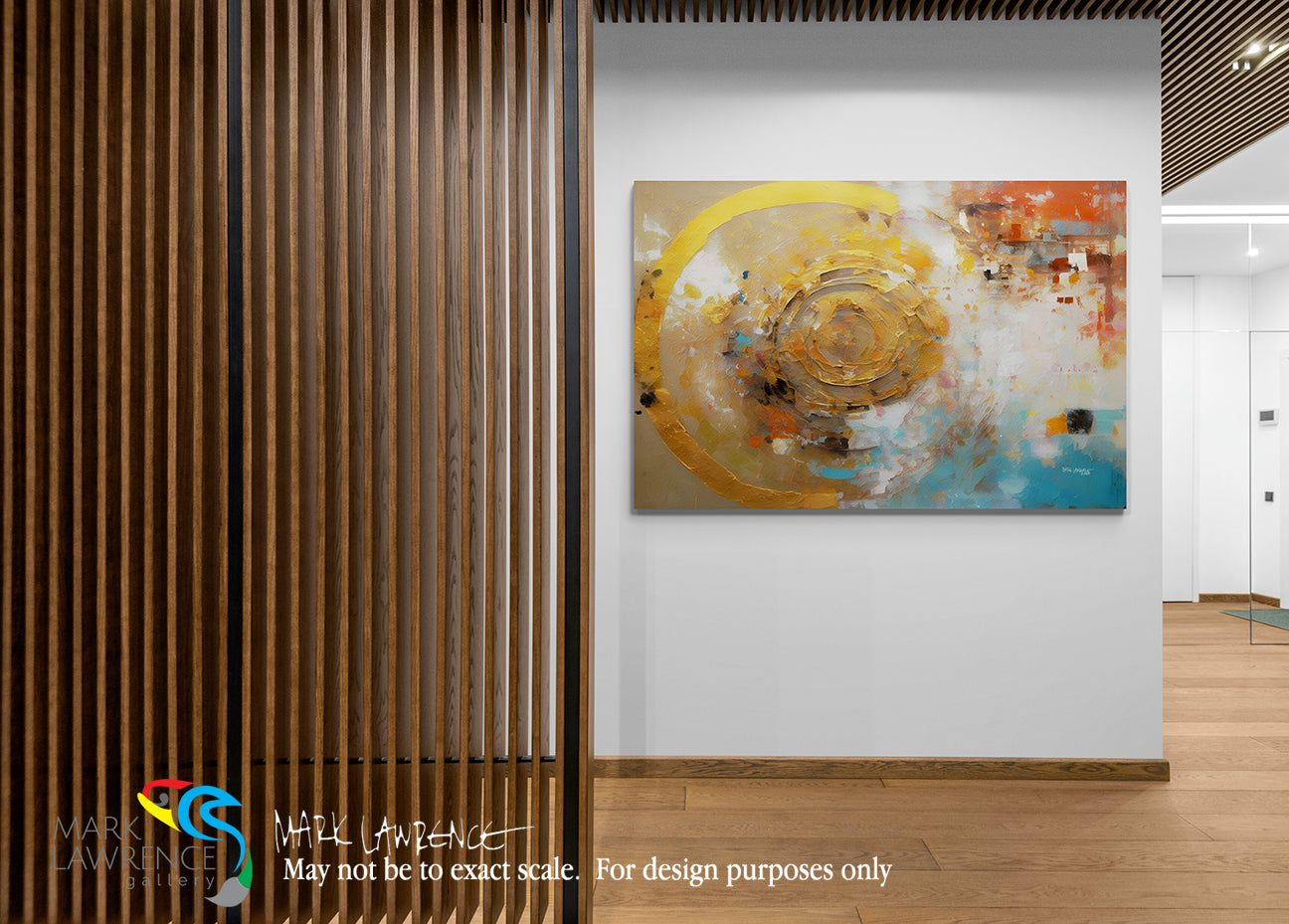 Abstract painting on a wall in an interior setting with wooden paneling.