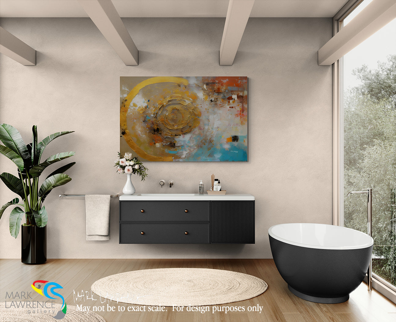 Modern bathroom with a black vanity, white bathtub, and abstract painting on the wall.