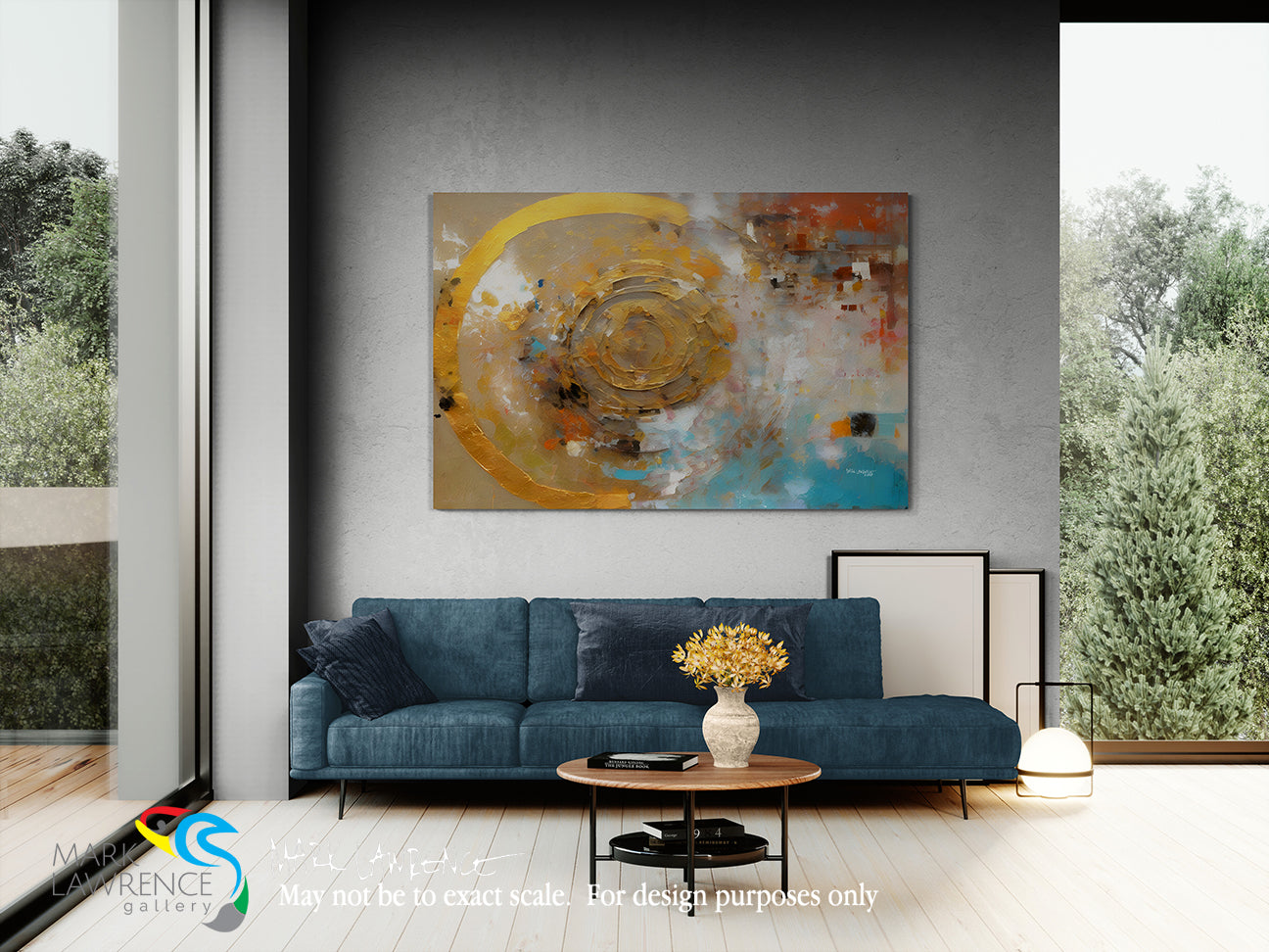 Modern living room with a blue sofa, abstract painting, and decorative elements.