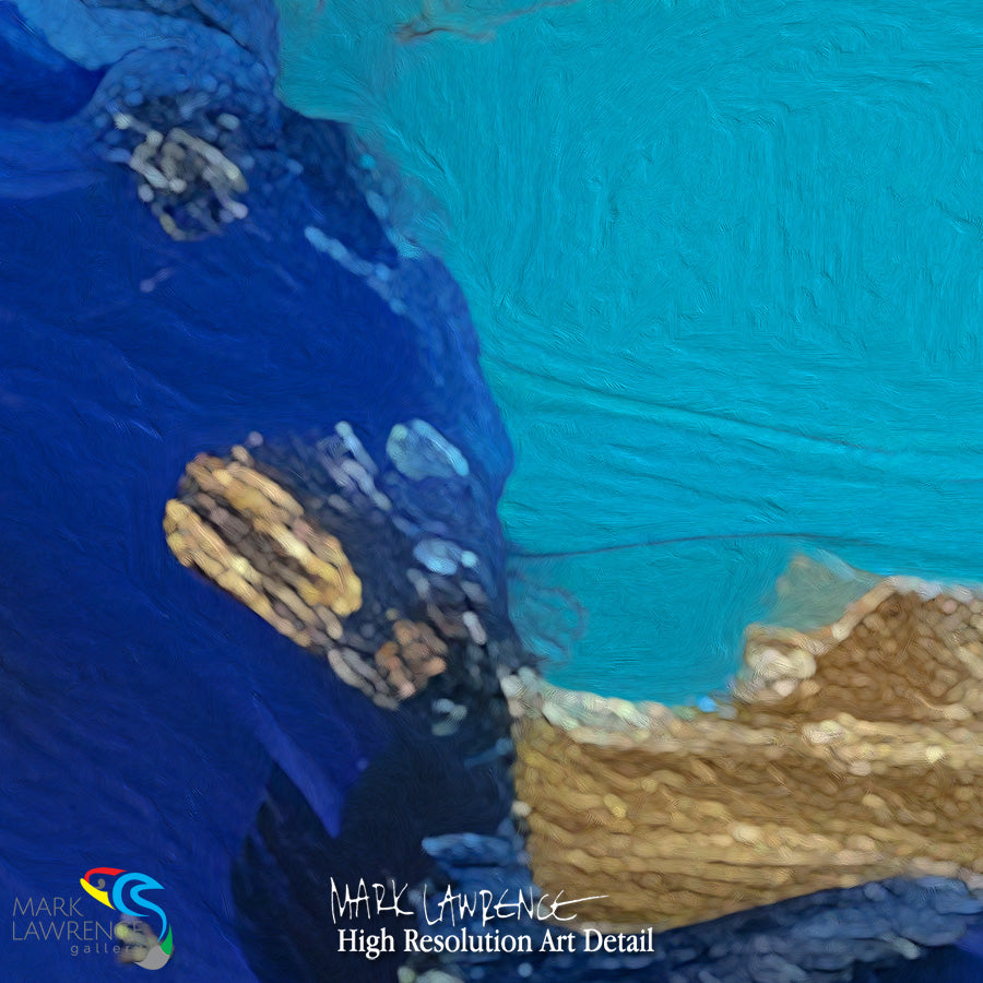 Close-up of a textured blue and brown surface with a signature at the bottom left corner.
