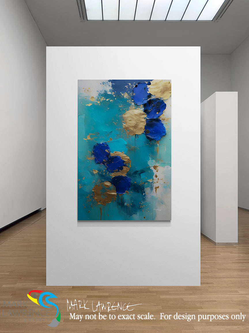 Abstract painting with blue and gold elements on a white wall in a gallery setting.