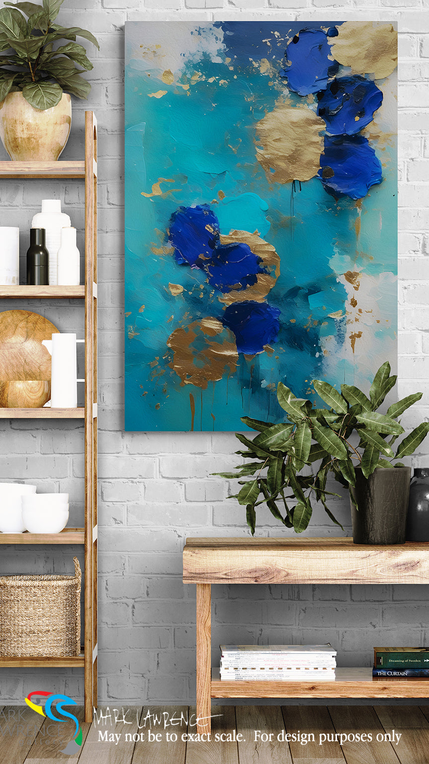 Abstract painting with blue flowers on a wall in a room with shelves and plants.