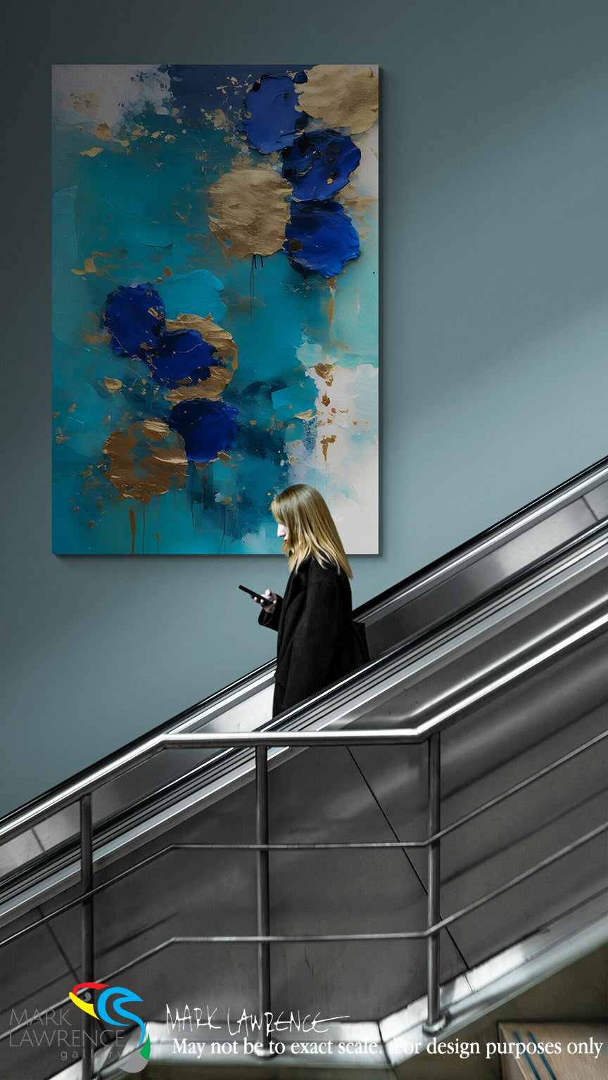 Woman using a smartphone on an escalator with a large abstract painting of blue flowers on the wall.