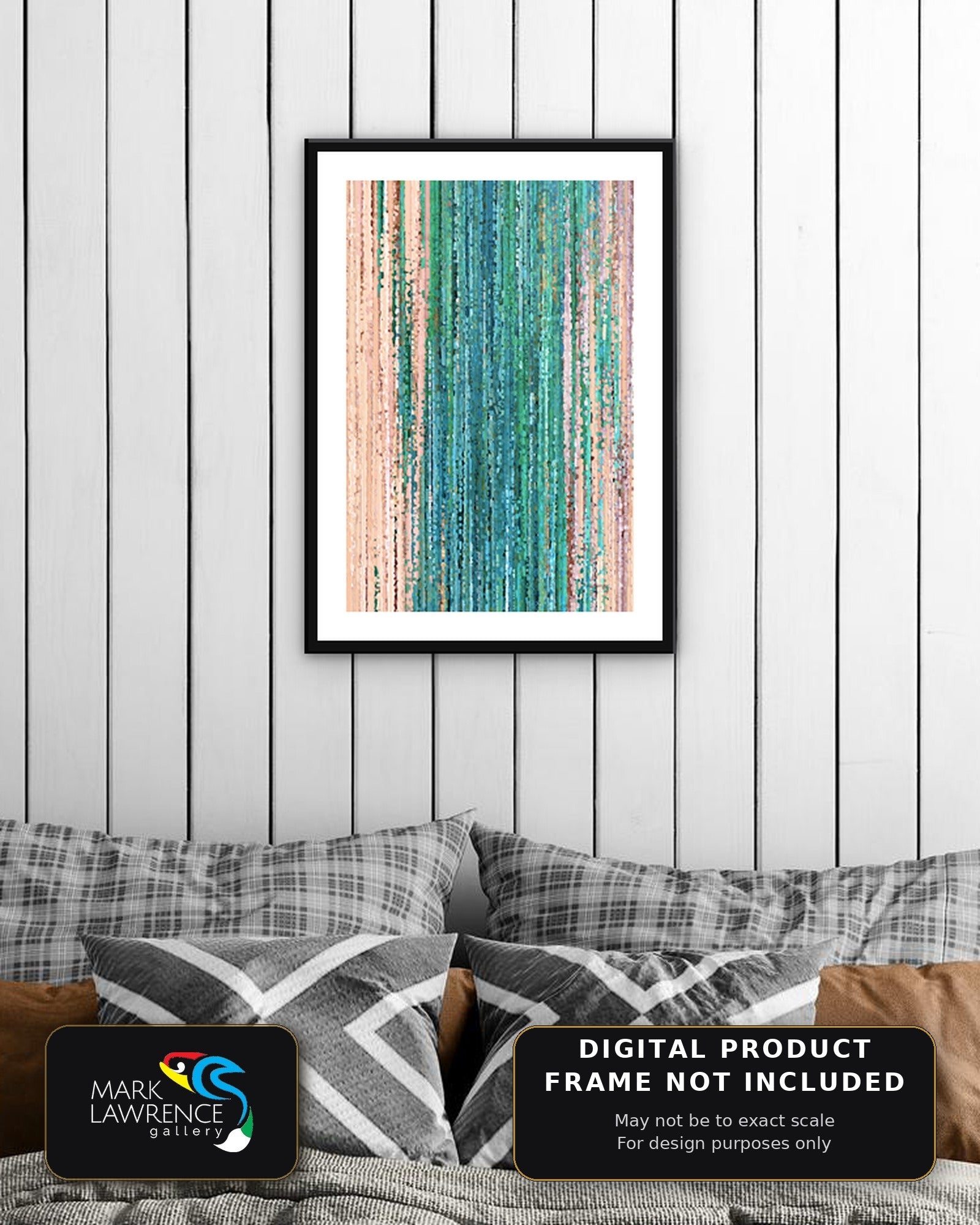 Psalm 46:10 scripture print in a black frame above a bed with grey pillows against a white shiplap wall, peaceful aqua and green wall art for a bedroom