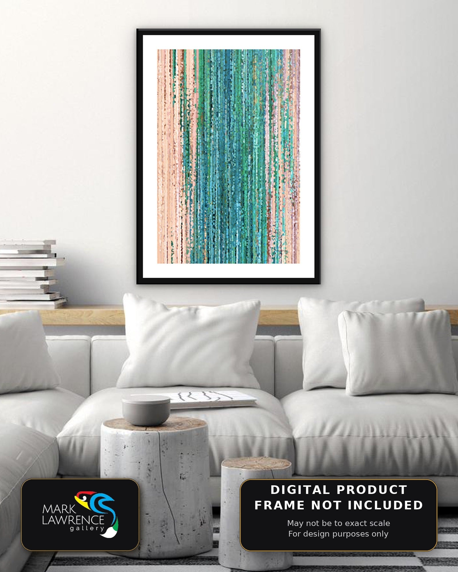 Psalm 46:10 "Be Still" print in a black frame above a cream sofa with throw pillows, calming blue and aqua abstract scripture art for a living room